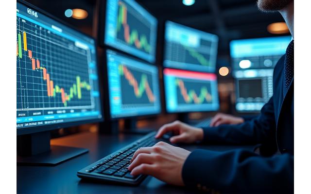 Ein geschäftiger Finanzraum mit mehreren Monitoren, die Daten anzeigen