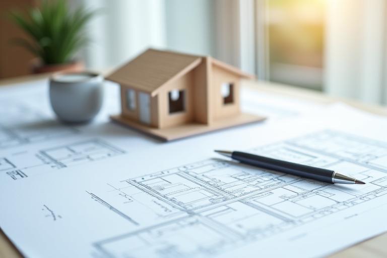 Modellhaus auf Schreibtisch mit Plänen
