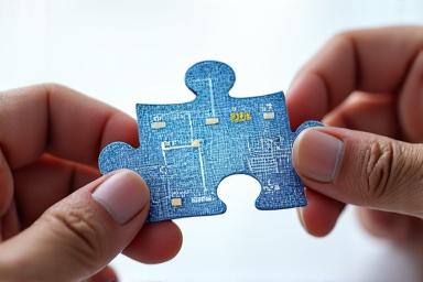Hände, die ein abstraktes Puzzle miteinander verbinden, symbolisieren Portfoliomanagement und Strategie.